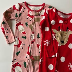 Carter’s 2 Piece Christmas Onesie Sleeper Pajamas Reindeer Santa Print Red Pink